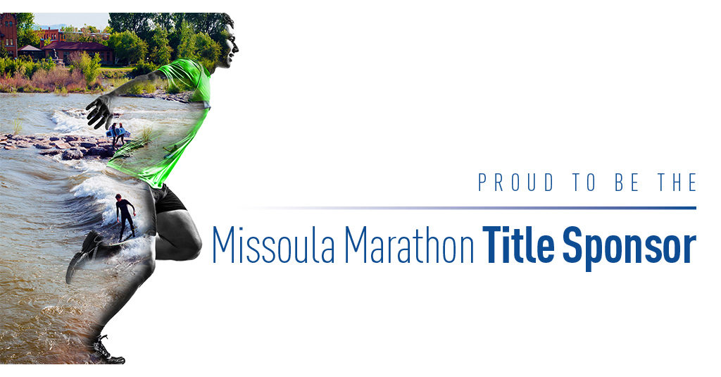 Silhouette of a runner will the image of wake boarders on a Missoula river. Consumer Direct Care Network proud to be the Missoula Marathon Title Sponsor.