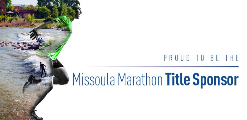 Silhouette of a runner will the image of wake boarders on a Missoula river. Consumer Direct Care Network proud to be the Missoula Marathon Title Sponsor.